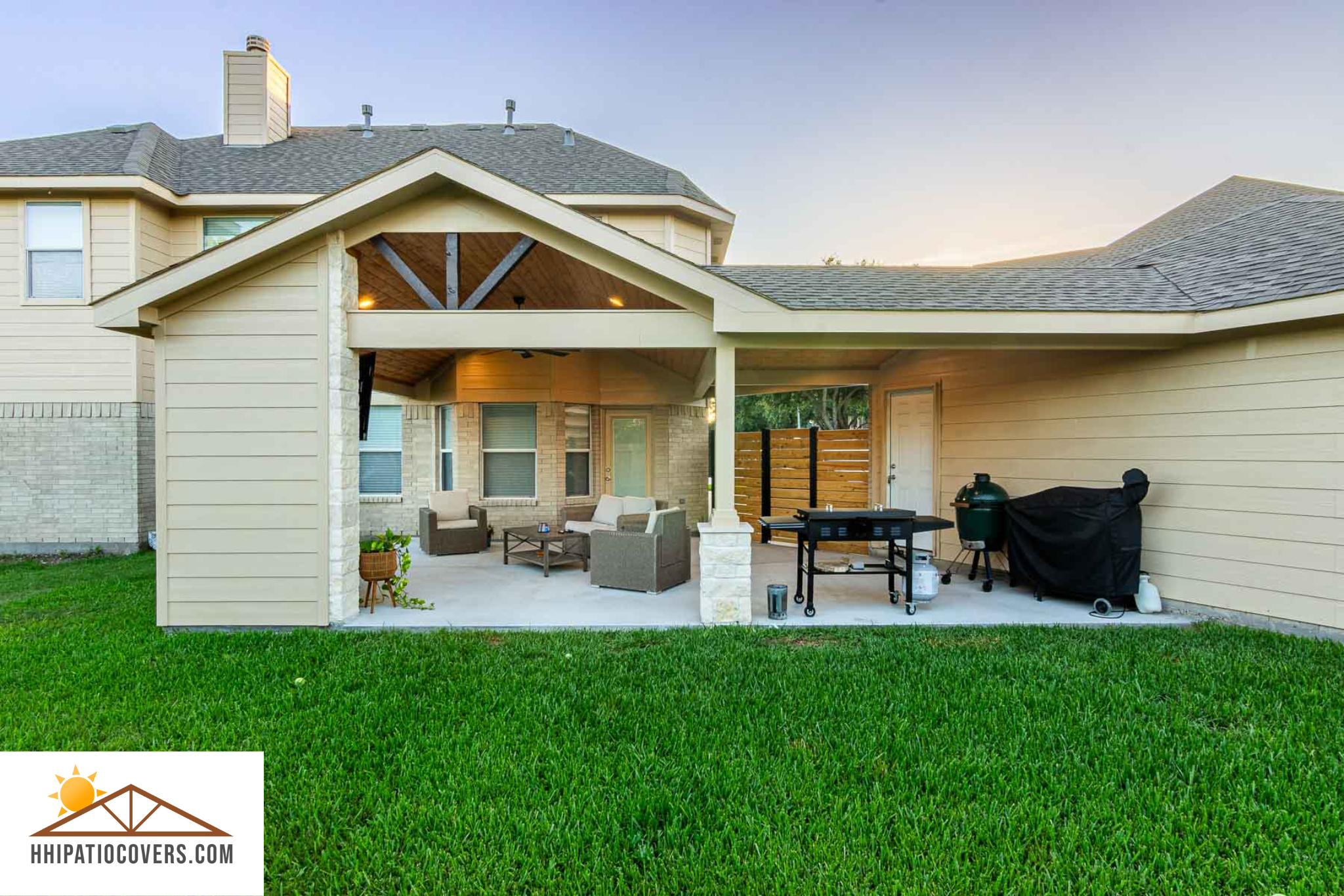 Gable style patio cover with accent corner wall