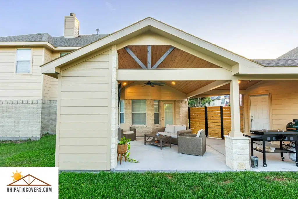 Gable style patio cover with accent corner wall