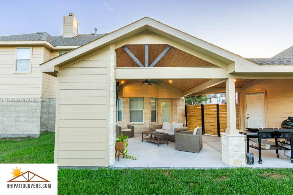 Gable style patio cover with accent corner wall