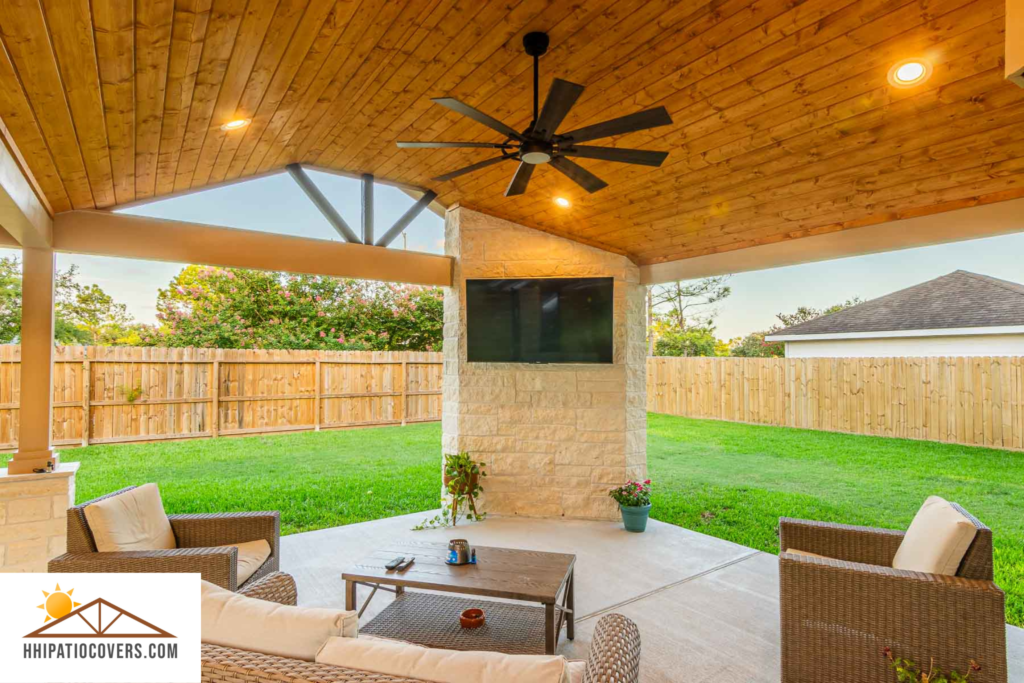 Gable style patio cover with accent corner wall