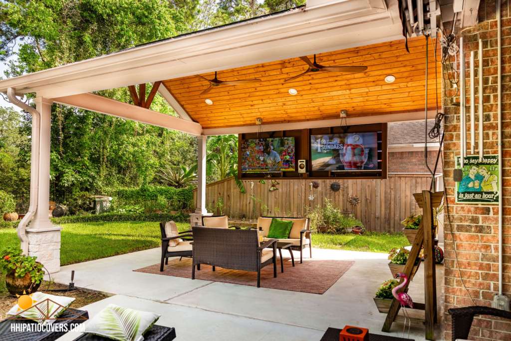 Gable style patio cover in Humble, TX.