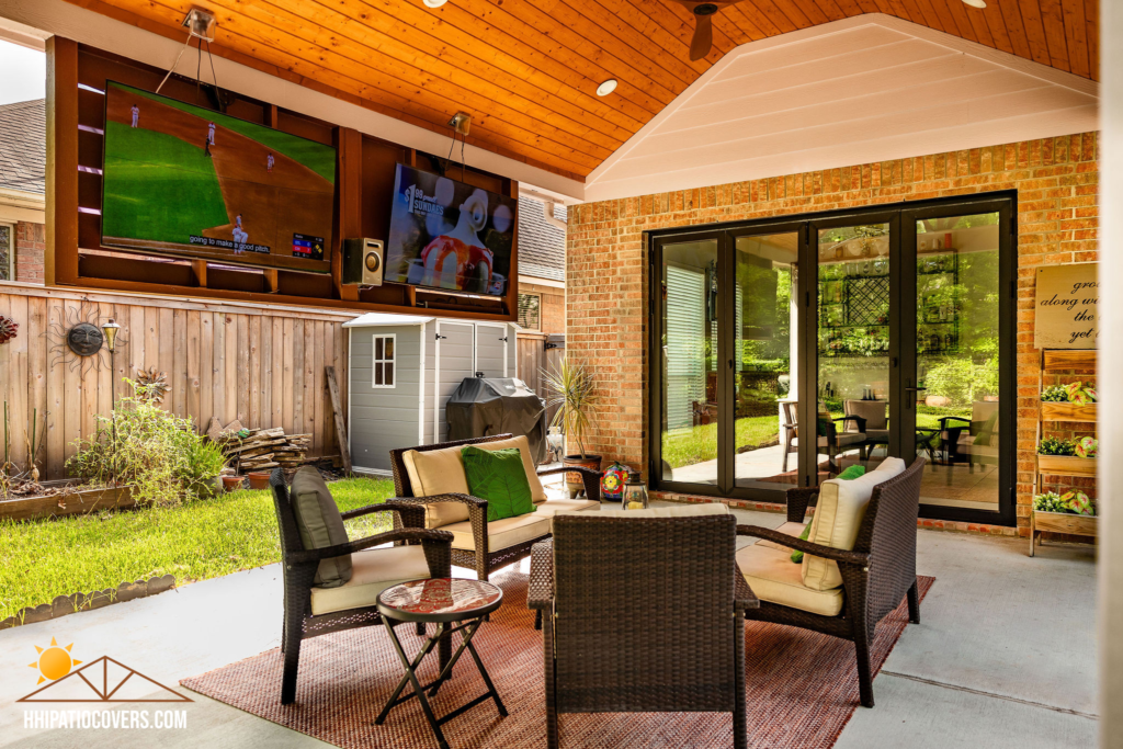 Gable style patio cover in Humble, TX.