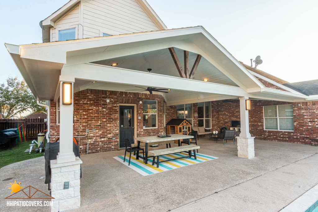 Gable style patio cover with hip-extension