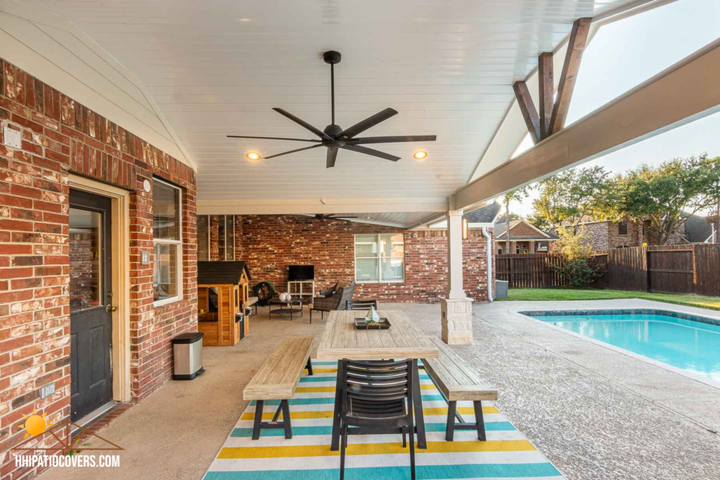 Gable style patio cover with hip-extension