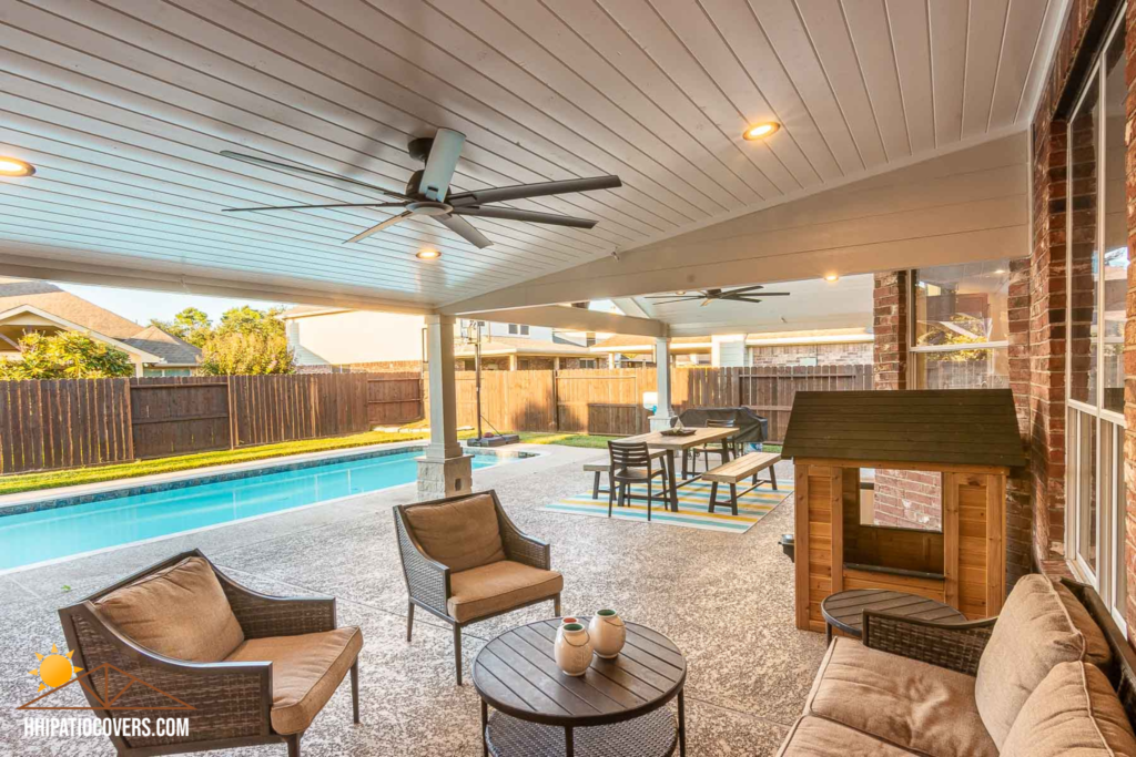 Gable style patio cover with hip-extension