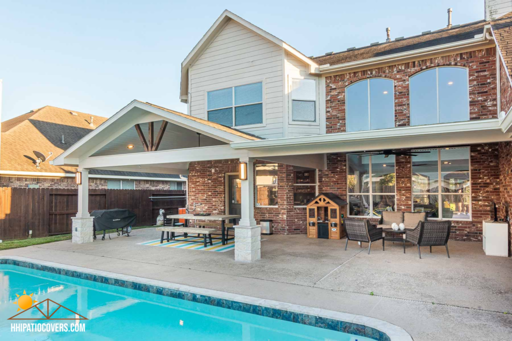 Gable style patio cover with hip-extension