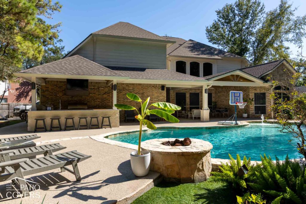 Hip-style patio cover with  gable extension
