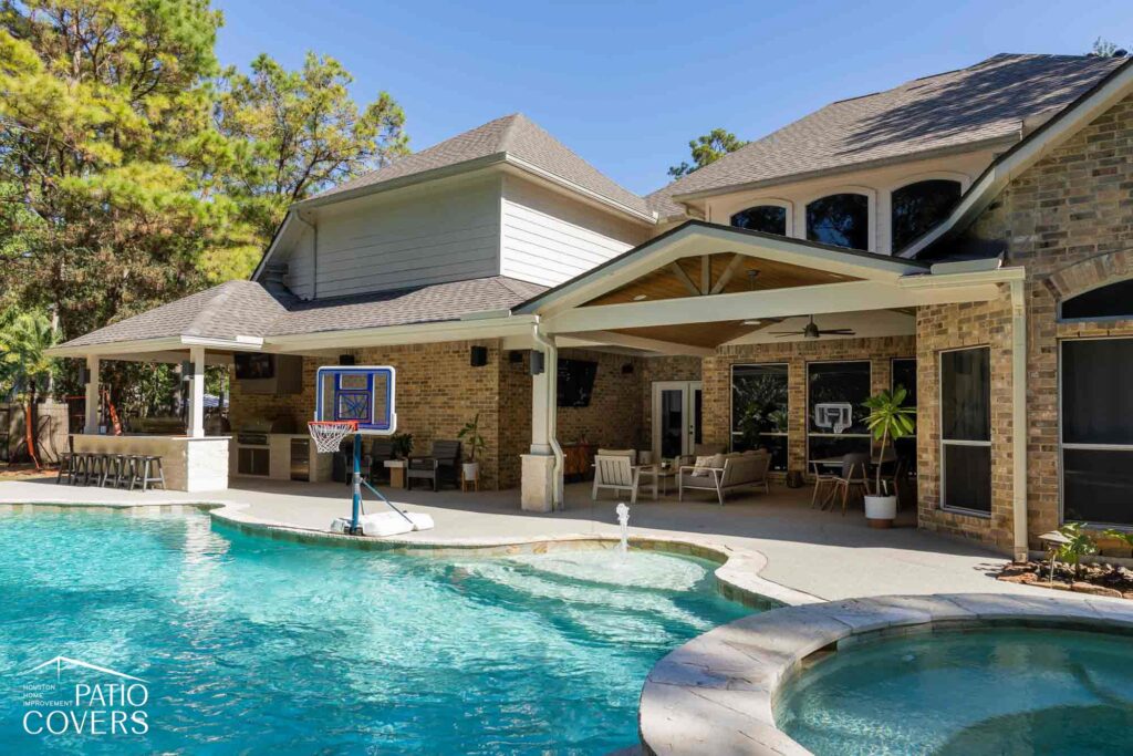 Hip-style patio cover with  gable extension
