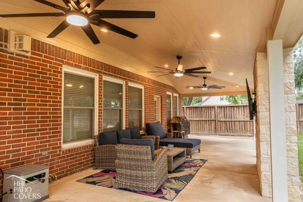 custom patio cover with recessed led lighting and ceiling fans